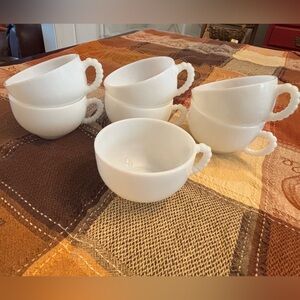 Vintage set of 7 Hazel Atlas White Milk Glass Beaded Handle Tea Coffee Punch Cup
